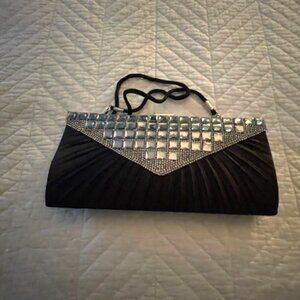 Black Pleated Satin Crystal Embellished Evening Clutch Bag